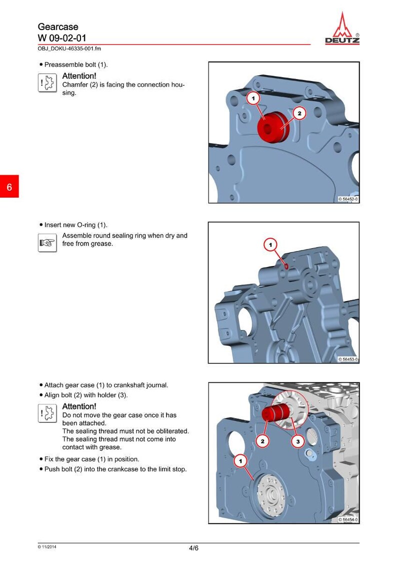 Pode incluir: Diagrama t&eacute;cnico de montagem da caixa de engrenagens, intitulado "Gearcase W 09-02-01". A imagem detalha as etapas de montagem, incluindo a pr&eacute;-montagem de parafusos, a inser&ccedil;&atilde;o de an&eacute;is de veda&ccedil;&atilde;o e a fixa&ccedil;&atilde;o da caixa de engrenagens ao virabrequim.