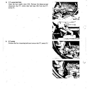 May include: Diagram of P.T. pump disassembly and assembly instructions. The image includes close-up photos of the pump components, with labels and numbers for each part. Text instructions are provided for removing the fuel supply valve and the P.T. pump.
