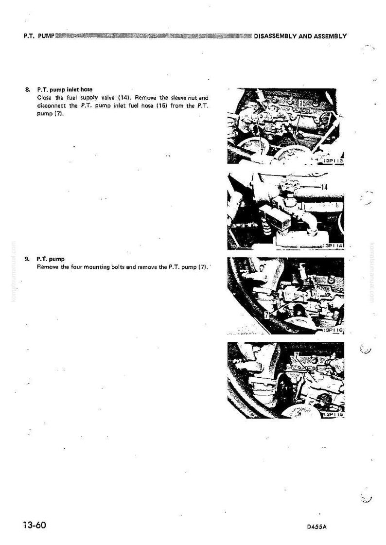 May include: Diagram of P.T. pump disassembly and assembly instructions. The image includes close-up photos of the pump components, with labels and numbers for each part. Text instructions are provided for removing the fuel supply valve and the P.T. pump.