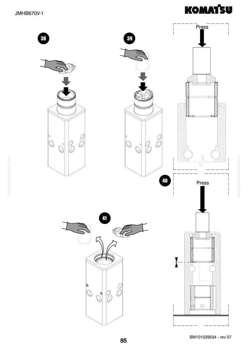 May include: Diagram illustrating the assembly of a mechanical component. The image shows a series of steps with arrows indicating the process. The KOMATSU logo is at the top right. Text includes "Press" and "BM101029534 - rev 07".