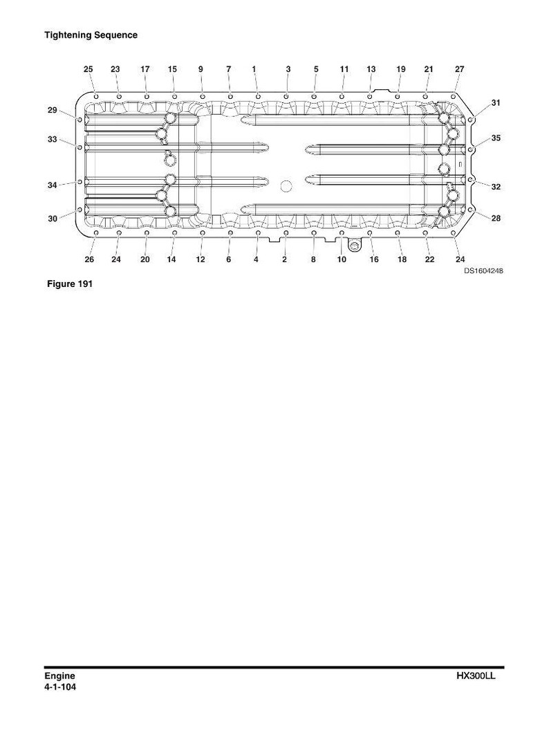 Pode incluir: Diagrama de um componente do motor com uma sequ&ecirc;ncia de aperto numerada de 1 a 35. O componente &eacute; retangular com suportes internos e furos para parafusos. Texto: "Tightening Sequence" e "Figure 191".