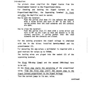 May include: A black and white technical document from Mannesmann Demag, detailing control adjustments. The text includes instructions on opening and closing terminals, setting signal voltage, and measuring amp-values with a multimeter. The document also mentions a proportional valve.