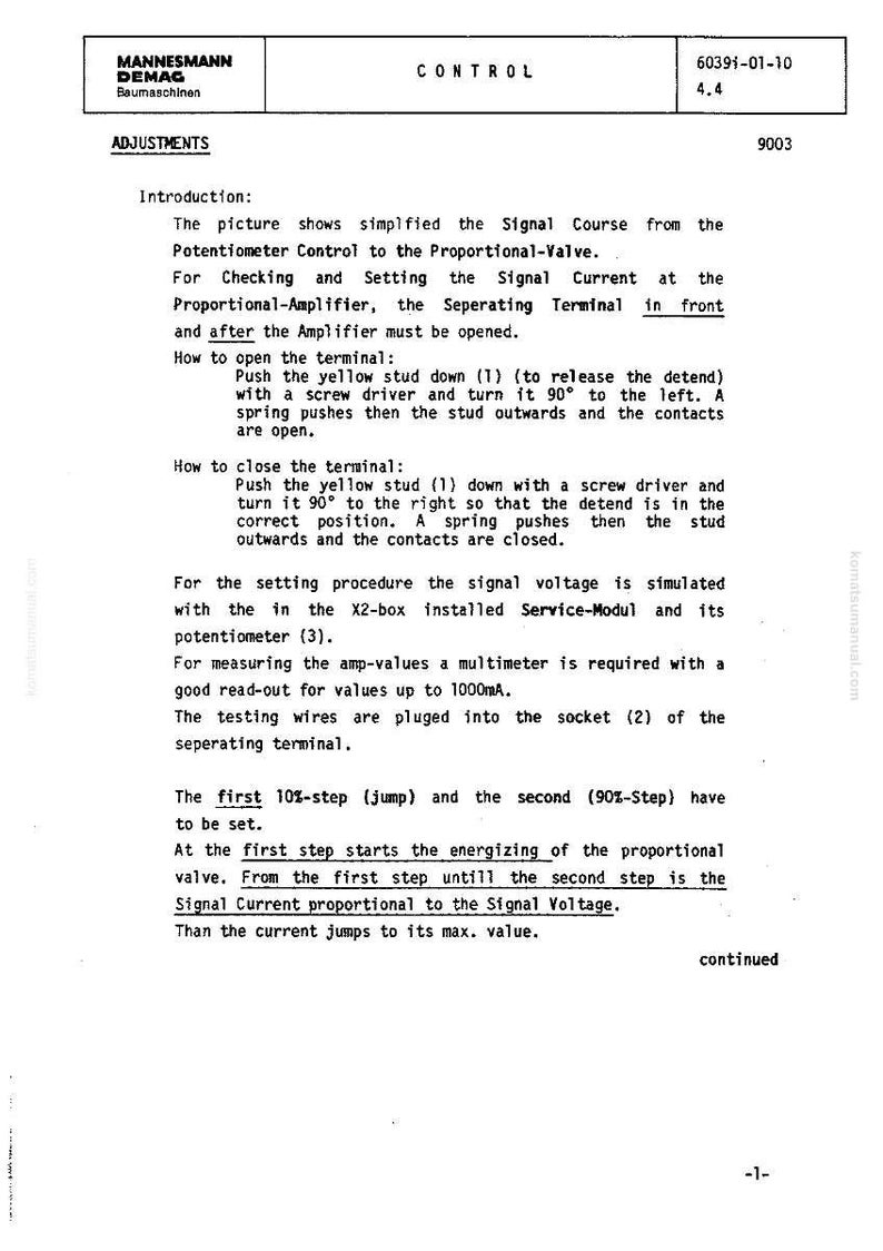 May include: A black and white technical document from Mannesmann Demag, detailing control adjustments. The text includes instructions on opening and closing terminals, setting signal voltage, and measuring amp-values with a multimeter. The document also mentions a proportional valve.