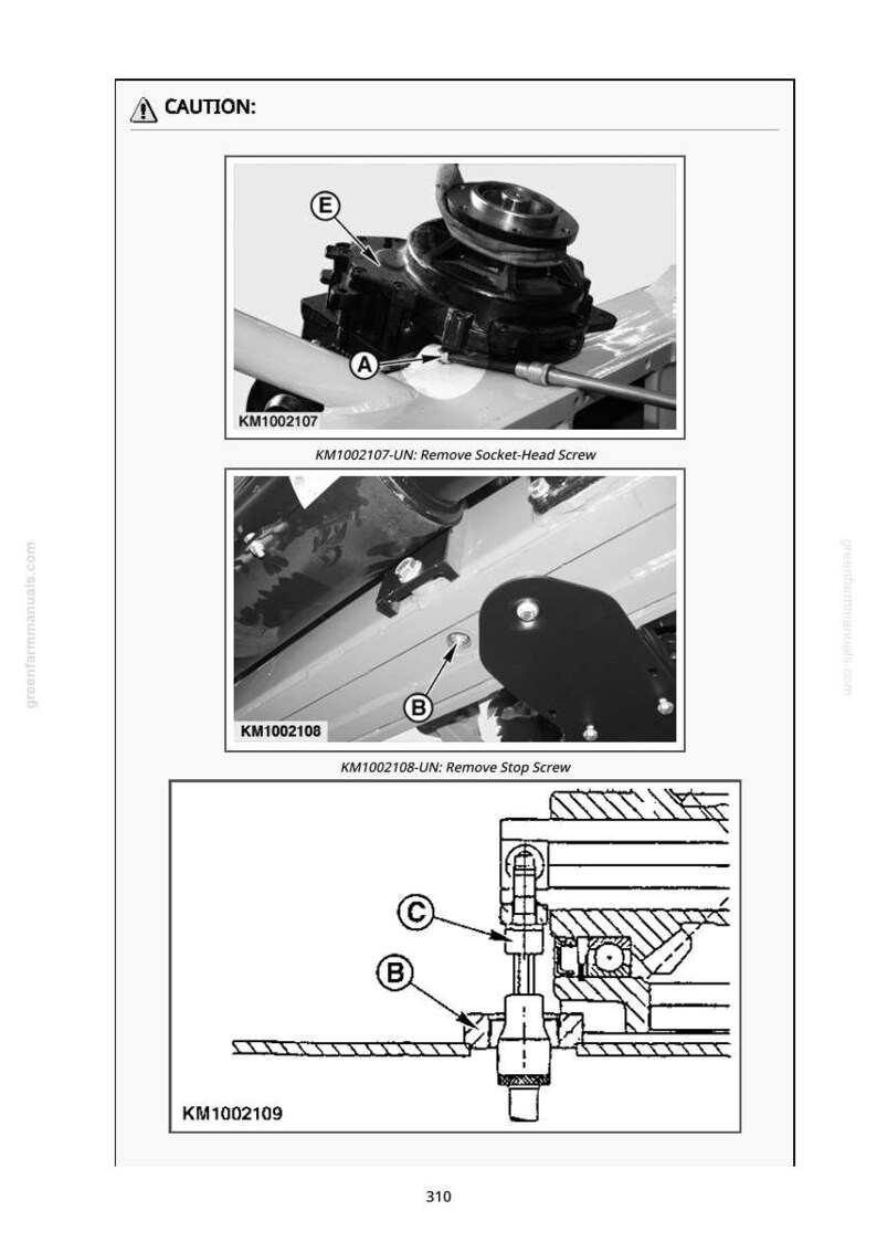 May include: Technical diagram showing mechanical parts with labels A, B, C, and E. The image includes the text "CAUTION:" and instructions for removing screws. The diagram is in black and white.