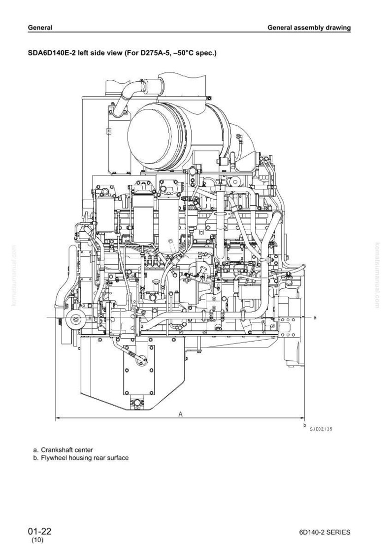 May include: A detailed black and white technical drawing of an engine, labeled SDA6D140E-2, with various components and dimensions. The drawing includes labels for the crankshaft center and flywheel housing rear surface.