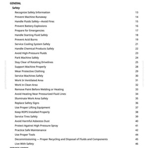 May include: A white page titled "Table of Contents" from a manual. The table lists safety topics like "Prevent Machine Runaway" and "Handle Fluids Safely." The document is for a greenfarmmanuals.com product.