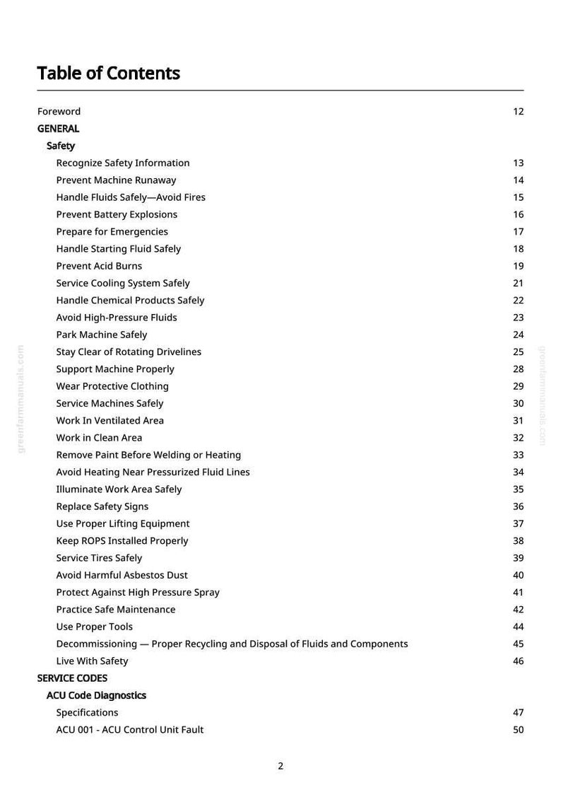 May include: A white page titled "Table of Contents" from a manual. The table lists safety topics like "Prevent Machine Runaway" and "Handle Fluids Safely." The document is for a greenfarmmanuals.com product.