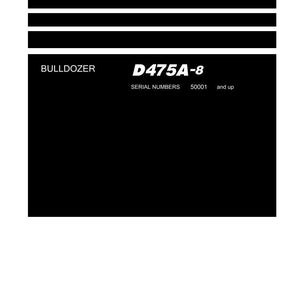 May include: A white manual with black text. The title "Shop Manual" is at the top. The text "BULLDOZER D475A-8" is displayed. The Komatsu logo is at the bottom.