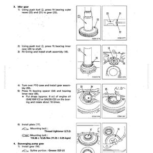 May include: Diagram showing PTO disassembly and assembly instructions. Includes illustrations of idler gear, shaft assembly, and scavenging pump gear. Text details steps for fitting bearings, installing plates, and applying oil.