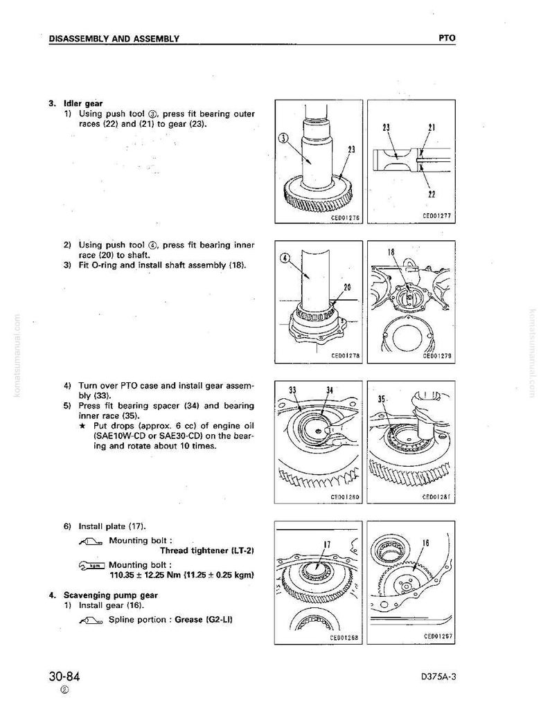 May include: Diagram showing PTO disassembly and assembly instructions. Includes illustrations of idler gear, shaft assembly, and scavenging pump gear. Text details steps for fitting bearings, installing plates, and applying oil.