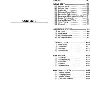 May include: Diagram of a mechanism with a contents list and sections on engine components. The text details the engine body, lubricating, cooling, and fuel systems, plus the electrical system. Measurements are not included.