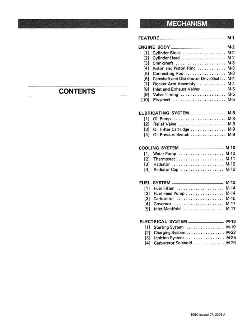 May include: Diagram of a mechanism with a contents list and sections on engine components. The text details the engine body, lubricating, cooling, and fuel systems, plus the electrical system. Measurements are not included.