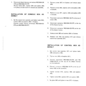 May include: A white page with black text detailing the removal and installation of console and control box assemblies. The text includes numbered steps, part numbers, and connector information. The page has the number 83-3 at the bottom.