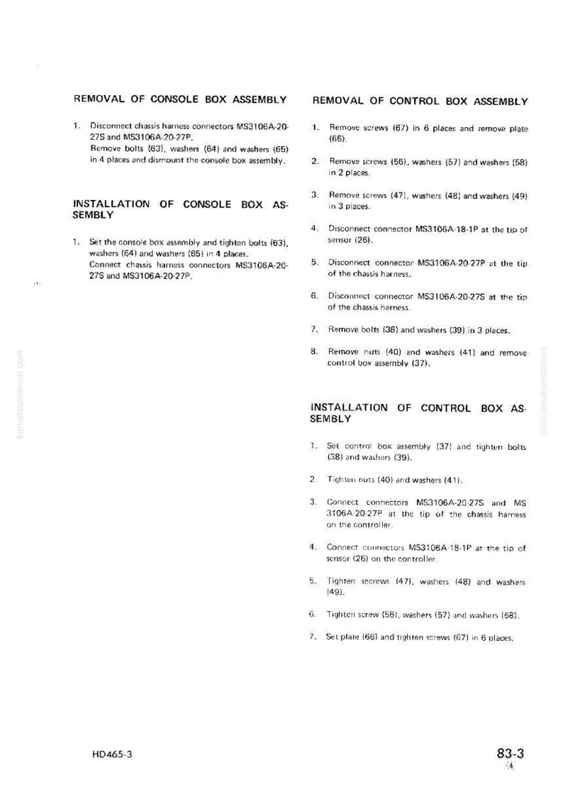 May include: A white page with black text detailing the removal and installation of console and control box assemblies. The text includes numbered steps, part numbers, and connector information. The page has the number 83-3 at the bottom.