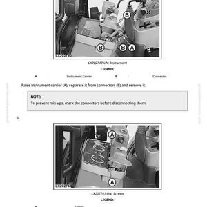 May include: Diagram from a manual showing steps to remove parts from a machine. The image includes close-ups of components, labeled with letters and arrows. Text instructions accompany the images, guiding the user through the disassembly process.
