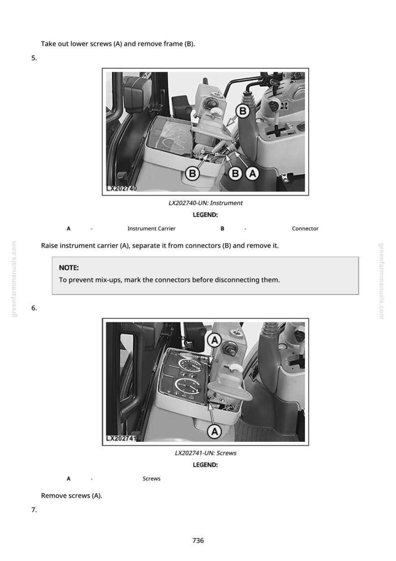 May include: Diagram from a manual showing steps to remove parts from a machine. The image includes close-ups of components, labeled with letters and arrows. Text instructions accompany the images, guiding the user through the disassembly process.