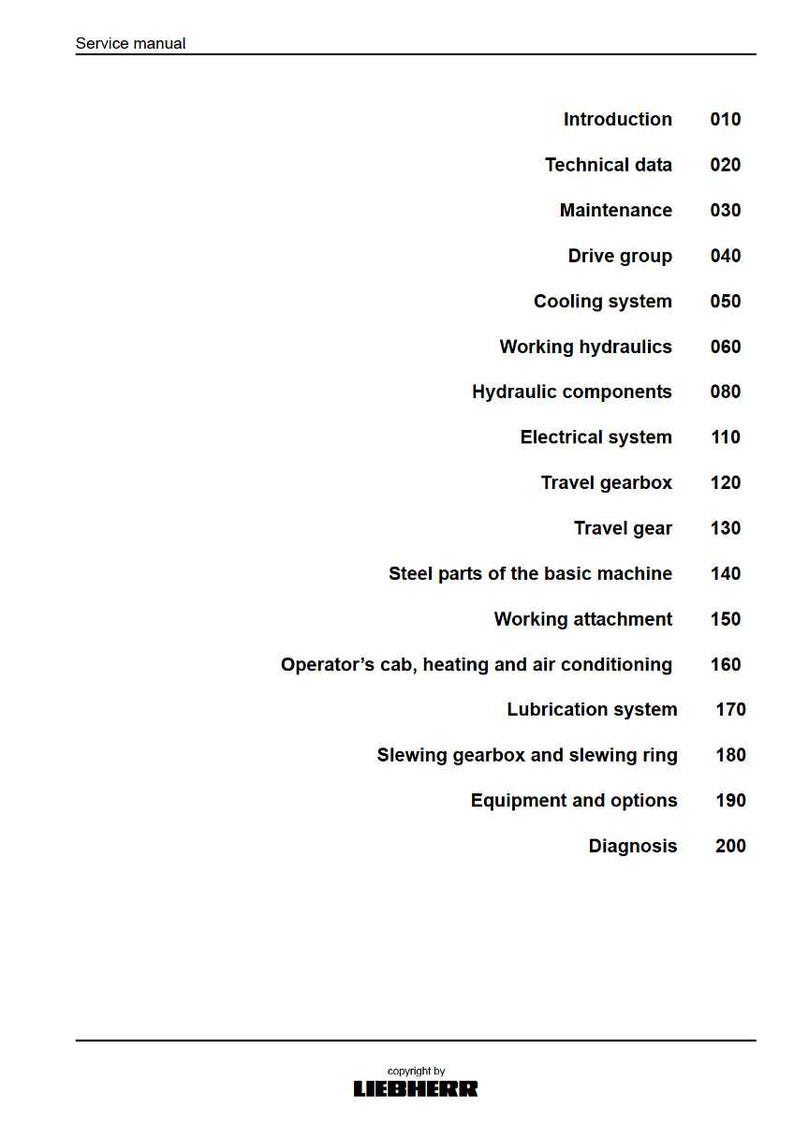 K&ouml;nnte beinhalten: Ein Servicehandbuch mit Inhaltsverzeichnis. Das Dokument listet Abschnitte wie technische Daten, Wartung, K&uuml;hlsystem und elektrisches System auf. Das Liebherr-Logo befindet sich unten.