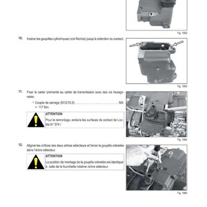 May include: Technical diagram with illustrations and instructions in French. Includes images of mechanical components, arrows, and text. The diagram details assembly steps, including tightening torque specifications and warnings.