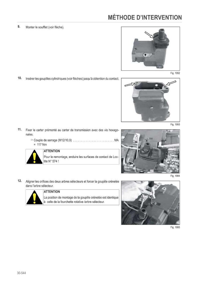 May include: Technical diagram with illustrations and instructions in French. Includes images of mechanical components, arrows, and text. The diagram details assembly steps, including tightening torque specifications and warnings.