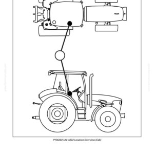 Puede incluir: Dibujo lineal en blanco y negro de un tractor, con vista lateral y vista superior. La vista lateral muestra la cabina, las ruedas y el escape. La vista superior muestra la carrocer&iacute;a del tractor. El texto en la parte inferior dice "PY36202-UN: A022 Location Overview (Cab)".