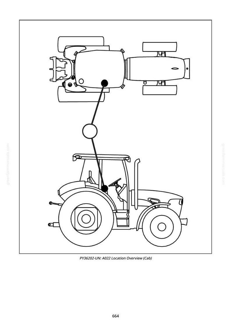 Puede incluir: Dibujo lineal en blanco y negro de un tractor, con vista lateral y vista superior. La vista lateral muestra la cabina, las ruedas y el escape. La vista superior muestra la carrocer&iacute;a del tractor. El texto en la parte inferior dice "PY36202-UN: A022 Location Overview (Cab)".