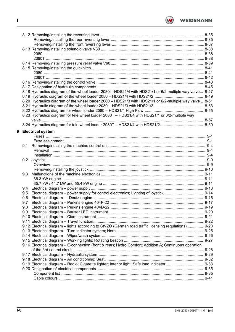 K&ouml;nnte beinhalten: Seite eines technischen Handbuchs mit dem Logo "WEIDEMANN". Der Inhalt ist ein Inhaltsverzeichnis mit detaillierten Diagrammen der elektrischen und hydraulischen Systeme, wie Sicherungen, Joystick und Motorspezifikationen.