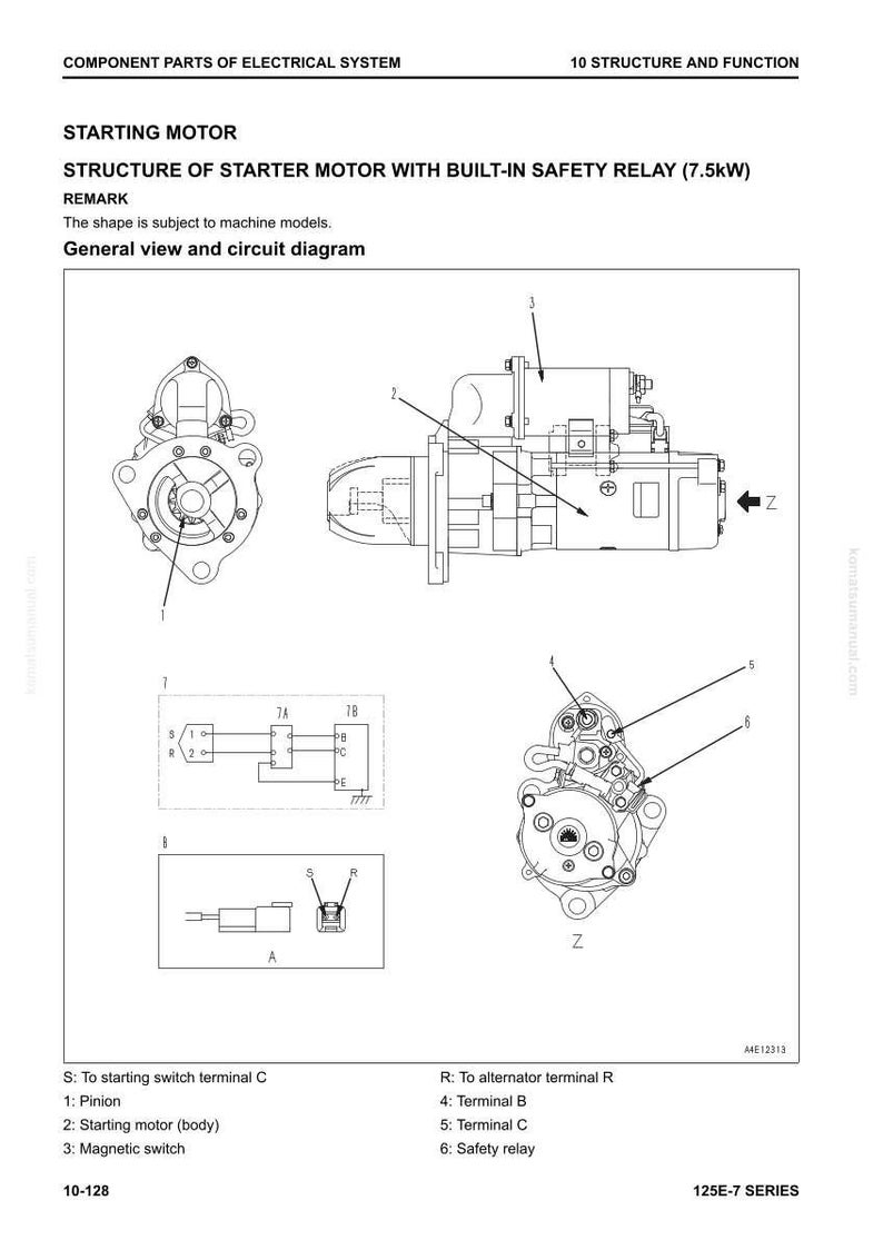 May include: Technical diagram illustrating the structure of a starter motor with a built-in safety relay, including a circuit diagram. The image features labels and component numbers, with text indicating "ELECTRICAL SYSTEM".