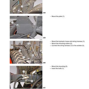 May include: Diagram of CLAAS agricultural machinery components, including bolts, plates, hydraulic hoses, and wiring harnesses. The image shows detailed assembly instructions with numbered parts and labels for the 47 Bale wrapper.