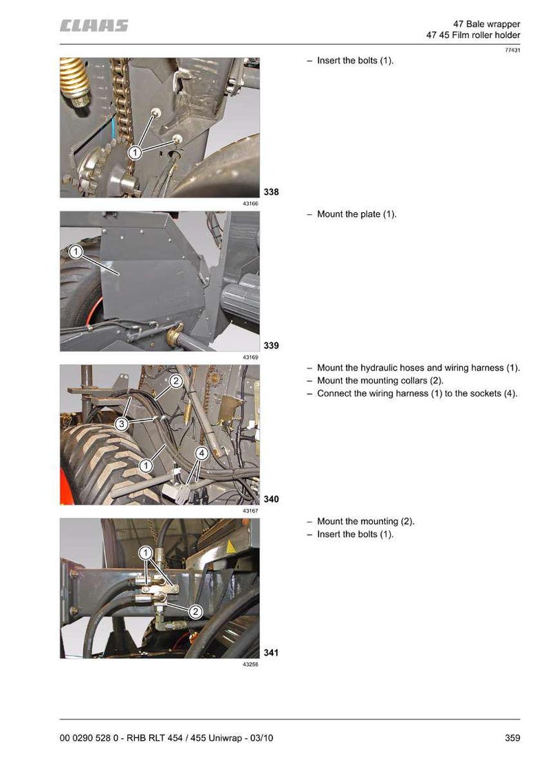 May include: Diagram of CLAAS agricultural machinery components, including bolts, plates, hydraulic hoses, and wiring harnesses. The image shows detailed assembly instructions with numbered parts and labels for the 47 Bale wrapper.