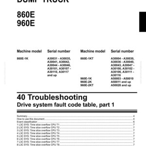 May include: A Komatsu shop manual page titled "DUMP TRUCK" with model numbers 860E and 960E. The page includes troubleshooting information, fault code tables, and serial numbers. The document is labeled "part 1".