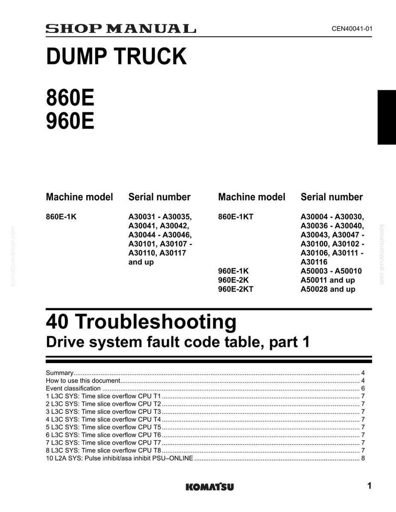 May include: A Komatsu shop manual page titled "DUMP TRUCK" with model numbers 860E and 960E. The page includes troubleshooting information, fault code tables, and serial numbers. The document is labeled "part 1".