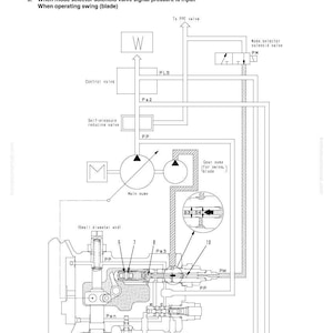 May include: Diagram of a hydraulic pump system, featuring a detailed schematic with labels such as "Control valve," "Main pump," and "Mode selector solenoid valve." The diagram includes various components and lines, illustrating the structure and function of the system.