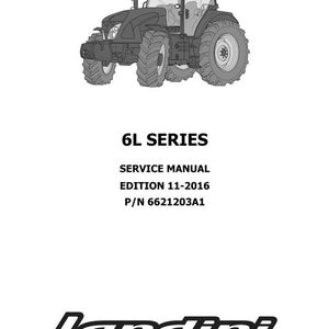 May include: A grayscale illustration of a tractor, labeled "6L SERIES" with "SERVICE MANUAL EDITION 11-2016 P/N 6621203A1". The Landini logo is at the bottom. The tractor has large tires and a detailed cab.