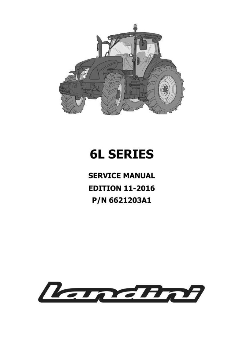 May include: A grayscale illustration of a tractor, labeled "6L SERIES" with "SERVICE MANUAL EDITION 11-2016 P/N 6621203A1". The Landini logo is at the bottom. The tractor has large tires and a detailed cab.