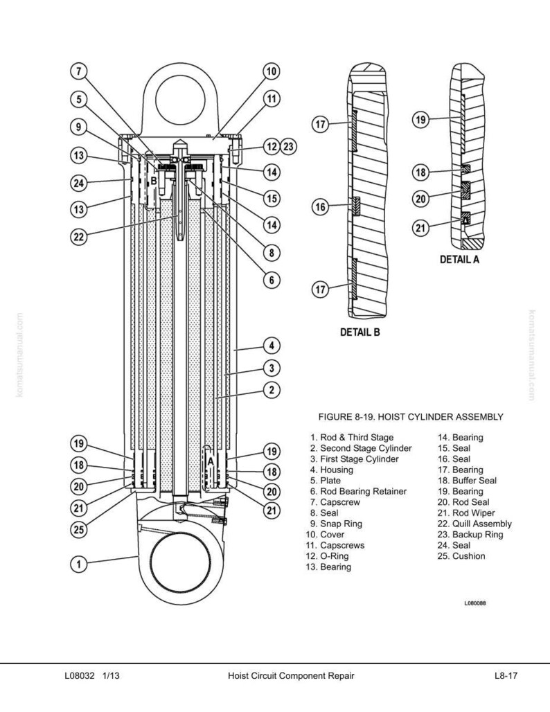 May include: Technical diagram illustrating a hoist cylinder assembly, with numbered components and labels. Features cross-sections showing internal parts like bearings, seals, and retainers. The diagram is for hoist circuit component repair.