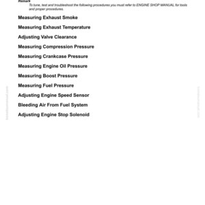 K&ouml;nnte beinhalten: Eine wei&szlig;e Seite mit der &Uuml;berschrift "ENGINE COMPONENTS" und einer Liste von Verfahren, darunter "Measuring Exhaust Smoke", "Measuring Exhaust Temperature" und "Adjusting Valve Clearance". Der Text ist schwarz.
