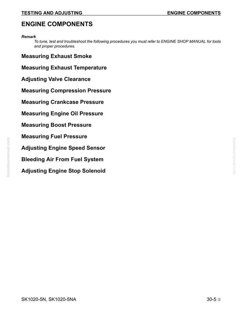 K&ouml;nnte beinhalten: Eine wei&szlig;e Seite mit der &Uuml;berschrift "ENGINE COMPONENTS" und einer Liste von Verfahren, darunter "Measuring Exhaust Smoke", "Measuring Exhaust Temperature" und "Adjusting Valve Clearance". Der Text ist schwarz.