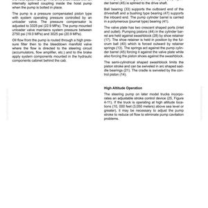 May include: A detailed technical diagram of a steering pump, including components like the driveshaft, valve plate, and cylinder barrel. The text describes the pump's operation, pressure compensation, and high-altitude adjustments. The diagram is labeled with part numbers.