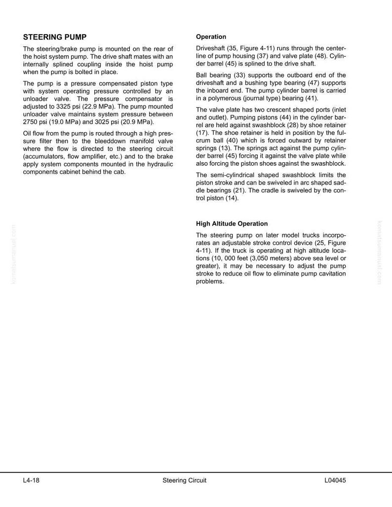 May include: A detailed technical diagram of a steering pump, including components like the driveshaft, valve plate, and cylinder barrel. The text describes the pump's operation, pressure compensation, and high-altitude adjustments. The diagram is labeled with part numbers.