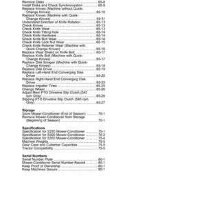 May include: A page from a manual with a table of contents. The text includes topics like "Replace Knives", "Check Knife Wear", and "Serial Numbers". The page numbers are listed on the right.