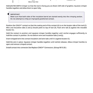 Puede incluir: P&aacute;gina de instrucciones para una herramienta de crimpado JDG708 AMP&reg;, con una leyenda. El texto explica c&oacute;mo usar la herramienta, incluyendo el posicionamiento del contacto, la inserci&oacute;n del cable y el crimpado. La p&aacute;gina incluye un diagrama y pasos numerados.