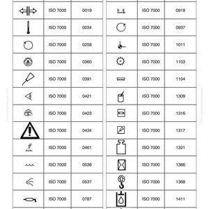 以下が含まれることがあります： コマツの技術図で、さまざまなISO 7000記号と対応する番号が記載されています。白い背景には、警告記号、温度計、その他の技術記号を含む、さまざまな産業用アイコンが表示されています。