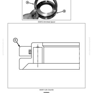 K&ouml;nnte beinhalten: Technische Zeichnung von Bremskomponenten, einschlie&szlig;lich eines Bremsscheibenabstandshalters und eines Kolbens. Das Bild zeigt eine detaillierte Illustration mit Beschriftungen und einer Legende f&uuml;r Montageanweisungen. Der Text auf dem Bild lautet "N54912-UN: Brake Spacer" und "N54911-UN: Chamfer."
