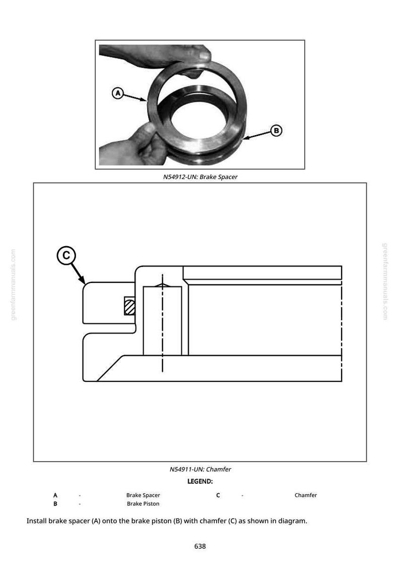 K&ouml;nnte beinhalten: Technische Zeichnung von Bremskomponenten, einschlie&szlig;lich eines Bremsscheibenabstandshalters und eines Kolbens. Das Bild zeigt eine detaillierte Illustration mit Beschriftungen und einer Legende f&uuml;r Montageanweisungen. Der Text auf dem Bild lautet "N54912-UN: Brake Spacer" und "N54911-UN: Chamfer."