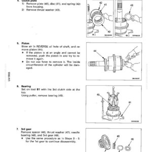 K&ouml;nnte beinhalten: Diagramm zur Demontage und Montage eines Getriebe-Kupplungspakets. Das Bild zeigt Illustrationen von Kupplungsscheiben, Kolben, Lagern und Zahnr&auml;dern, mit nummerierten Schritten und Beschriftungen. Seite 30-85.