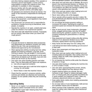 May include: A white page with black text detailing safety instructions for operating machinery. The text is organized into bullet points covering topics like operator training, preparation, and safe operation, with a page number 9 at the bottom.