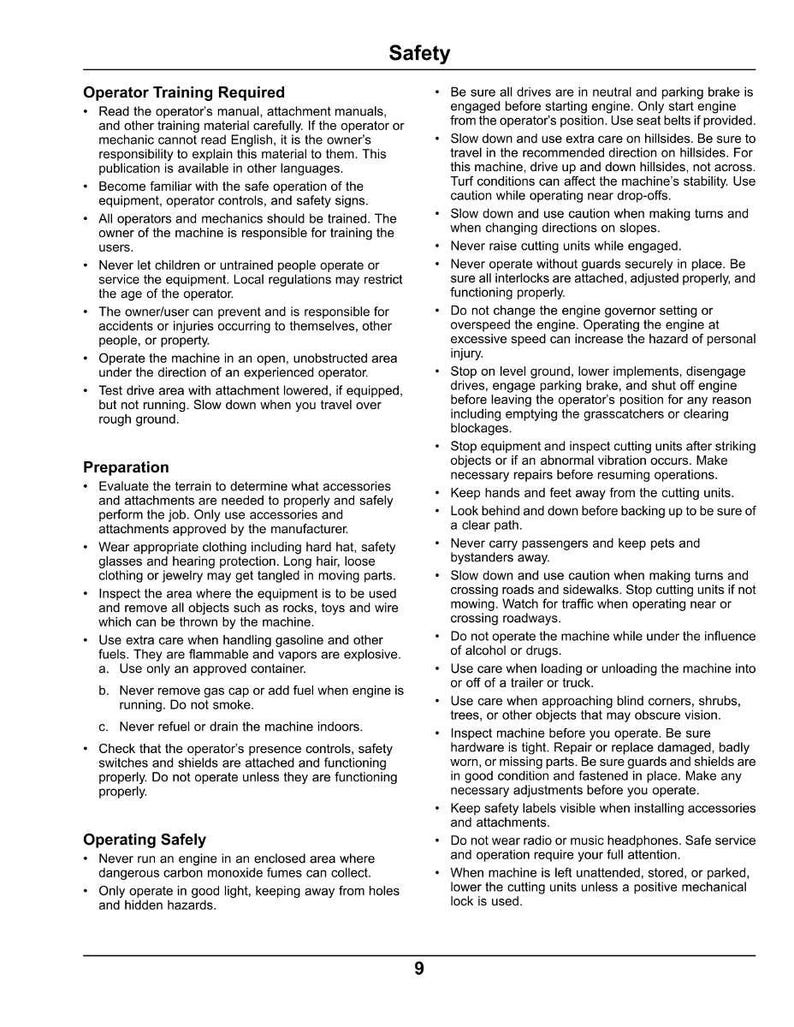 May include: A white page with black text detailing safety instructions for operating machinery. The text is organized into bullet points covering topics like operator training, preparation, and safe operation, with a page number 9 at the bottom.