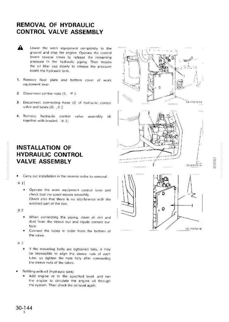 May include: A technical diagram with instructions for removing and installing a hydraulic control valve assembly. The diagram includes numbered steps and illustrations of the components, with text in English.