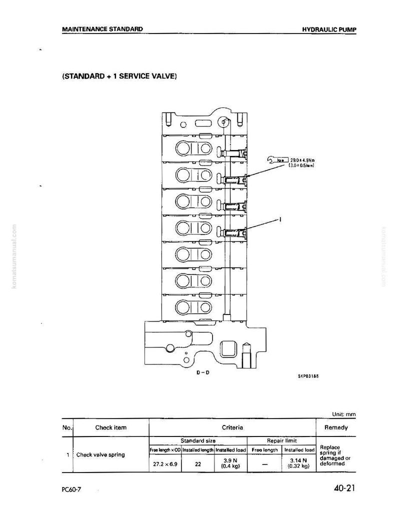Puede incluir: Un diagrama t&eacute;cnico con el texto "MAINTENANCE STANDARD" y "HYDRAULIC PUMP". El diagrama incluye una ilustraci&oacute;n detallada de un componente mec&aacute;nico, etiquetado con medidas y especificaciones. El diagrama tambi&eacute;n incluye una tabla con criterios y l&iacute;mites de reparaci&oacute;n.