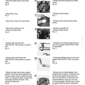 May include: A Komatsu JPB7500V assembling diagram with step-by-step instructions. The image includes diagrams for mounting rings, o-rings, locating pins, and side rods. Text includes torque specifications in ft-lbs and the use of Molykote grease.